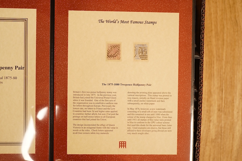 A large collection of stamps in Westminster Collection cases with certificates to include 1856 Queen Victoria 6d Lilac, 1884 10 Shilling ‘Cobalt Blue’ stamp, 1884 Victorian High Value Definitives (2s 6d, 5s, 10s), 1872-7